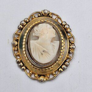 Antique Edwardian Gold-tone Carved Shell Cameo Brooch Pin High Relief READ